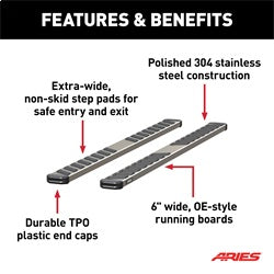 ARIES NovaTrac 6-in x 91-in Polished Stainless Steel Running Boards for Chevrolet/GMC Crew Cab (2019-2026) - 2553004