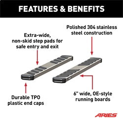 ARIES NovaTrac 6-in x 53-in Polished Stainless Steel Running Boards for Chevrolet/GMC Silverado/Sierra 2500 HD, 3500 HD Regular Cab (2007-2019) - 2553010