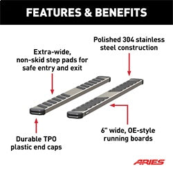 ARIES NovaTrac 6-in x 75-in Polished Stainless Steel Running Boards for Ford F-250/F-350 Super Duty SuperCab (1999-2016) - 2553023