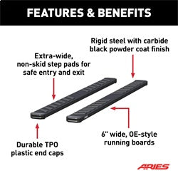 ARIES NovaTrac 6-in x 85-in Black E-Coat Steel Running Boards for Dodge/RAM 1500 Classic, 1500/2500/3500/4500 Cab & Chassis/Crew Cab (2009-2026) - 2554012