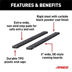 ARIES NovaTrac 6-in x 91-in Black E-Coat Steel Running Boards for Ford F-150, F-150 Lightning, F-250/F-350/F-450/F-550 Super Duty (2015-2026) - 2554017