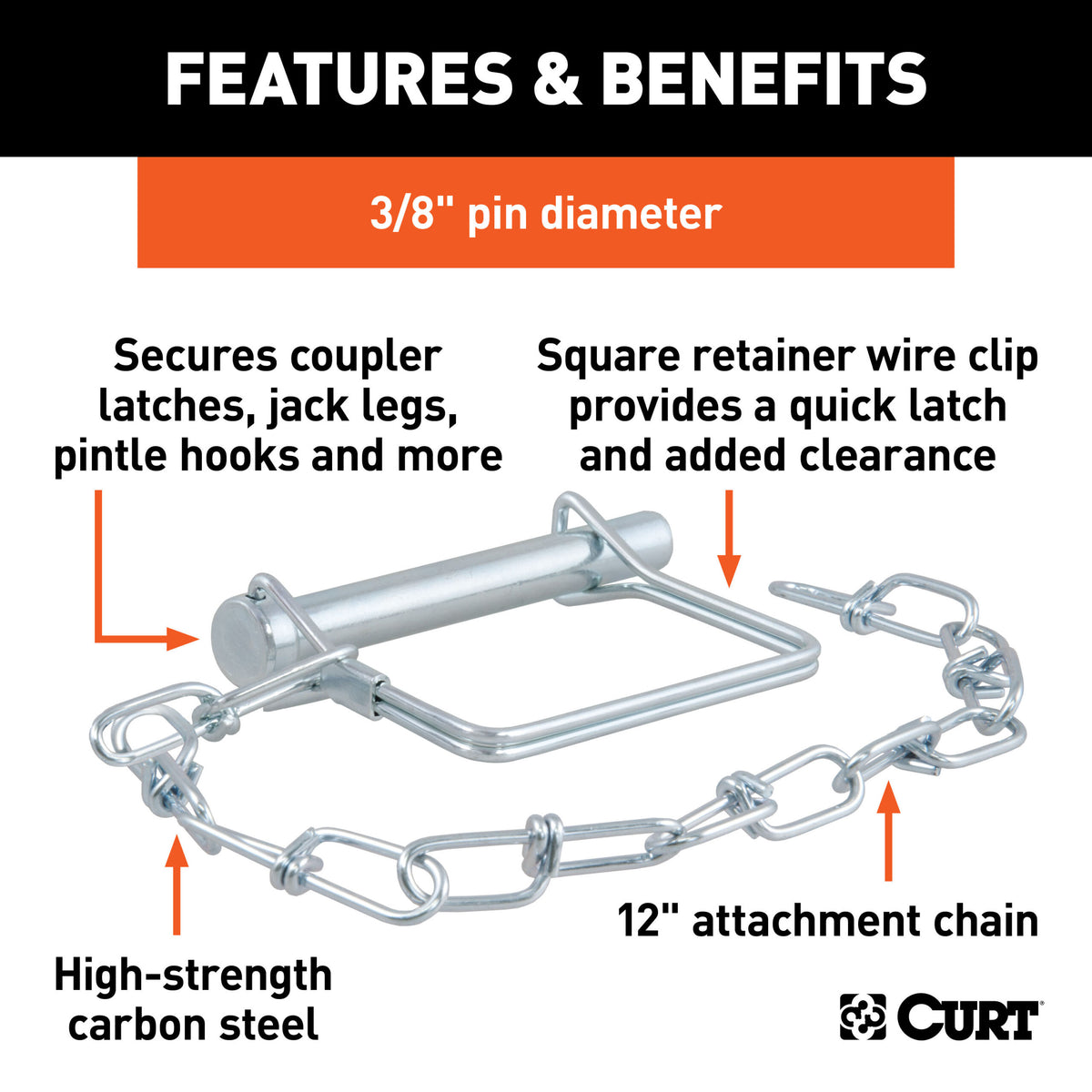 CURT 3/8" Safety Pin with 12" Chain (2-3/4" Pin Length, Packaged) - 28001