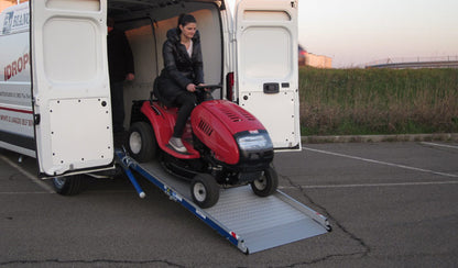 Aluminum Loading Ramp for Ford Transit Cargo Vans - Ramp Width: 37-in | Ramp Length: 108-in | Ramp Swivel: Left-hand | Ramp Platform: Perforated - 2 Section | Wheelbase: 148-in Extended | Capacity: 1,500 lbs.
