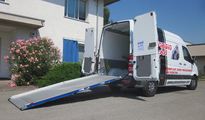 Aluminum Loading Ramp for Ford Transit Cargo Vans - Ramp Width: 37-in | Ramp Length: 108-in | Ramp Swivel: Left-hand | Ramp Platform: Perforated - 2 Section | Wheelbase: 148-in Extended | Capacity: 1,500 lbs.