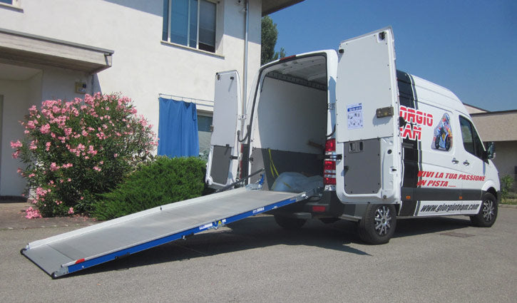 Aluminum Loading Ramp for Ford Transit Cargo Vans - Ramp Width: 47-in | Ramp Length: 126-in | Ramp Swivel: Left-hand | Ramp Platform: Perforated - 2 Section | Wheelbase: 130-in/148-in | Capacity: 1,500 lbs.