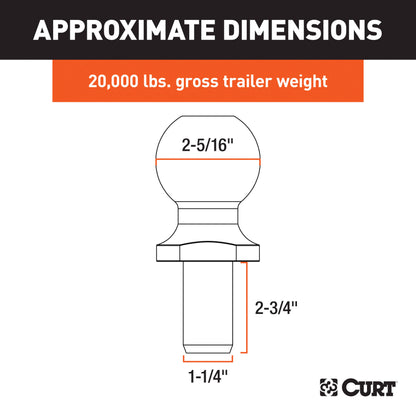 CURT 2-5/16" Trailer Ball (1-1/4" x 2-3/4" Shank, 20,000 lbs., Chrome) - 40009
