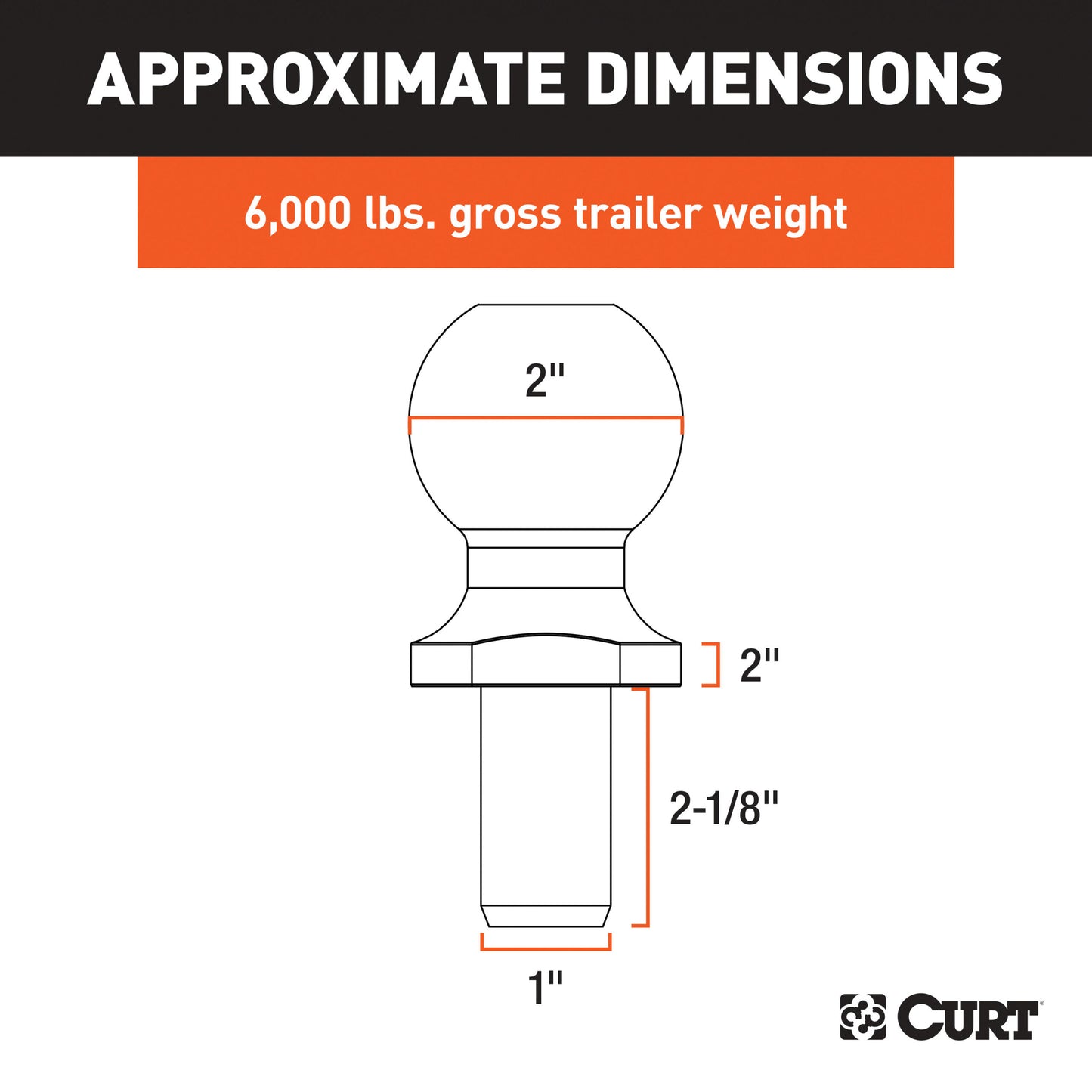 CURT 2" Trailer Ball (1" x 2-1/8" Shank, 2" Rise, 6,000 lbs., Chrome) - 40034