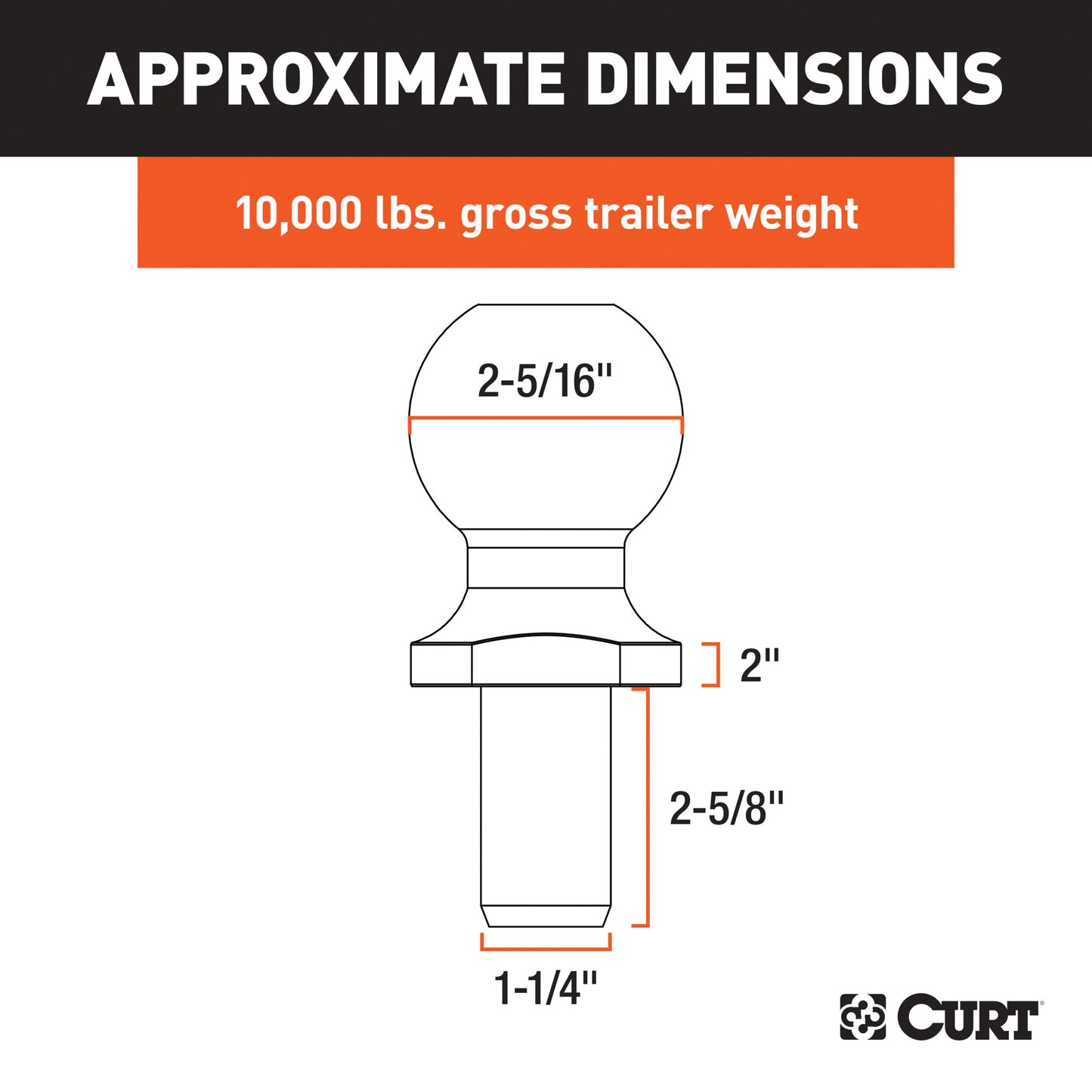 CURT 2-5/16" Trailer Ball (1-1/4" x 2-5/8" Shank, 2" Rise, 10,000 lbs., Chrome) - 40036