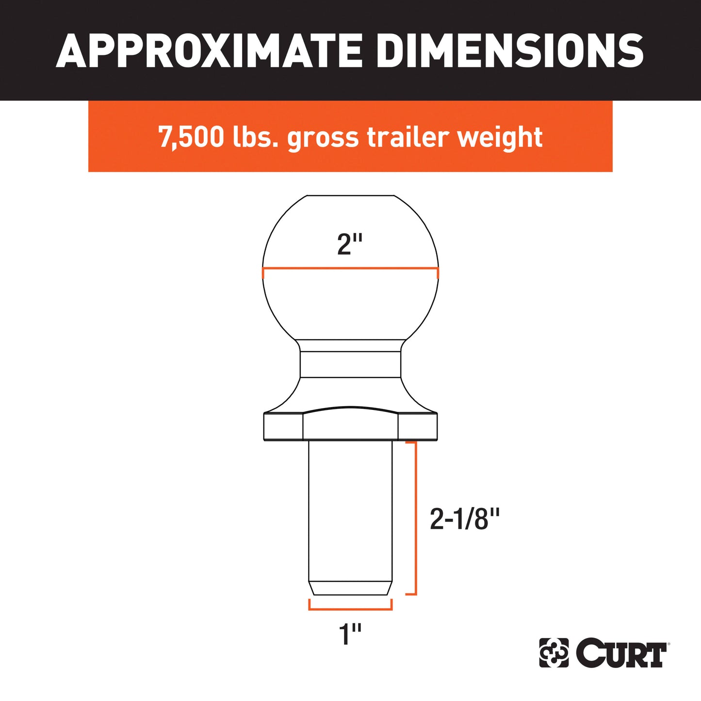 CURT 2" Trailer Ball (1" x 2-1/8" Shank, 7,500 lbs., Chrome) - 40037