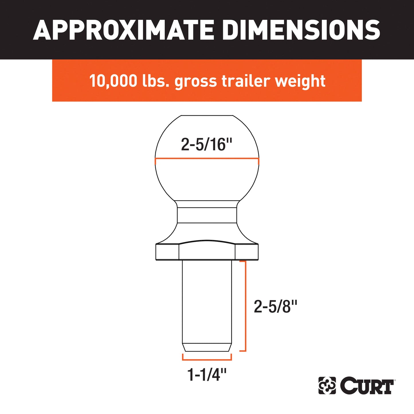 CURT 2-5/16" Trailer Ball (1-1/4" x 2-5/8" Shank, 10,000 lbs., Chrome, Packaged) - 40068