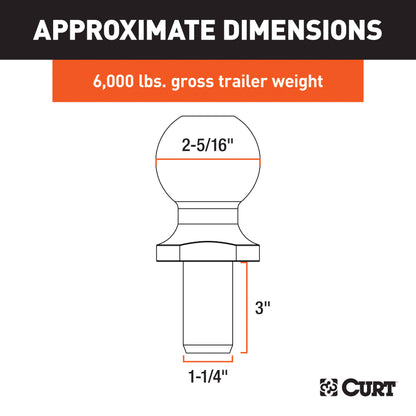 CURT 2-5/16" Trailer Ball (1-1/4" x 3" Shank, 6,000 lbs., Chrome, Packaged) - 40076