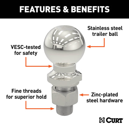 CURT 1-7/8" Trailer Ball (3/4" x 2-1/8" Shank, 2,000 lbs., Stainless, Packaged) - 40080