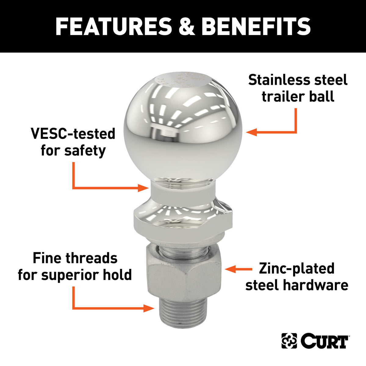 CURT 1-7/8" Trailer Ball (1" x 2-1/8" Shank, 3,500 lbs., Stainless, Packaged) - 40081