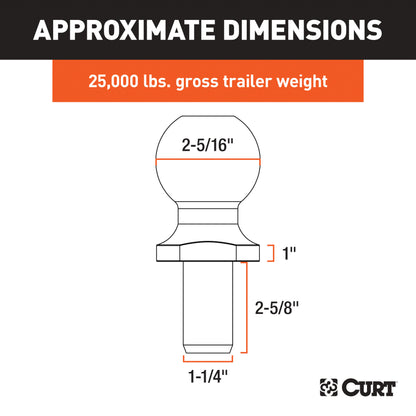 CURT 2-5/16" Trailer Ball (1-1/4" x 2-5/8" Shank, 25,000 lbs., Raw Steel) - 40086