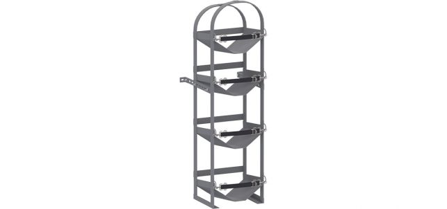 Holman Refrigerant Tank Rack - 4 Tier - 13.5" W x 50" H x 13" D mounted in a full-size van, securely holding refrigerant tanks.