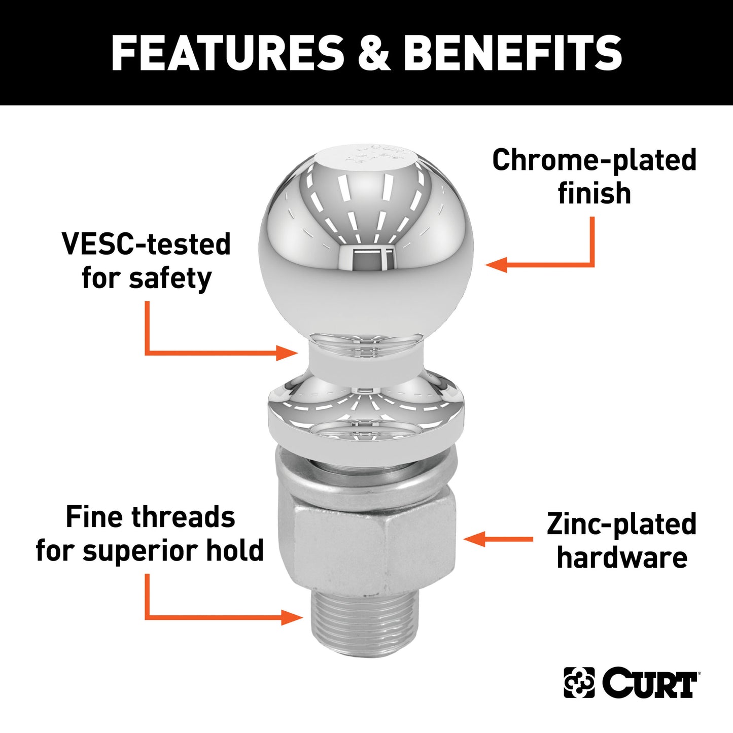 CURT 2" Trailer Ball (3/4" x 1-3/4" Shank, 3,500 lbs., Chrome, Packaged) - 40164
