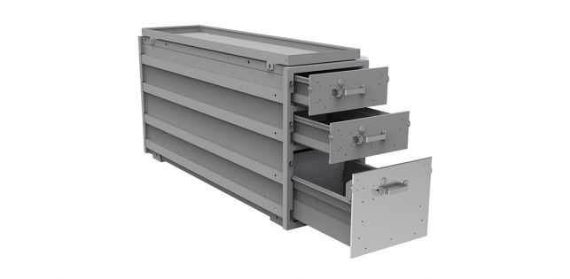Drawer Unit - Long Heavy-Duty - 3 Drawers installed in a cargo van, providing easy access to organized tools and equipment