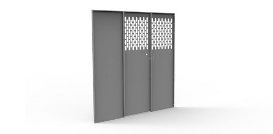Full Partition - Perforated - RAM ProMaster Full Size (High Roof) installed in a van, securing cargo with perforated steel.