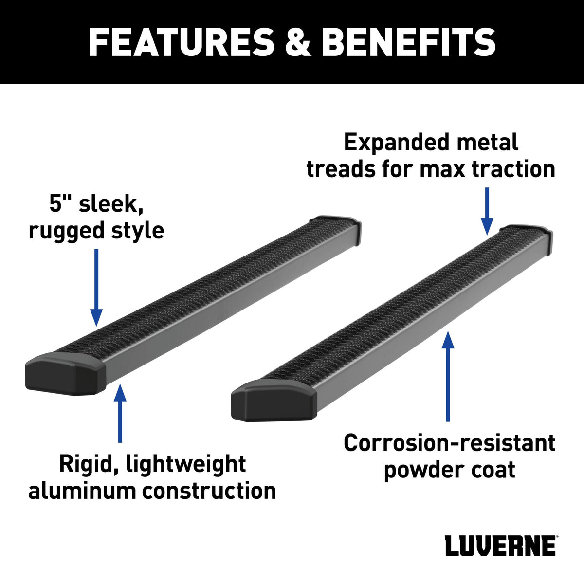 Luverne SlimGrip 5" x 88" Black Aluminum Running Boards, Select Dodge, Ram 1500 to 5500