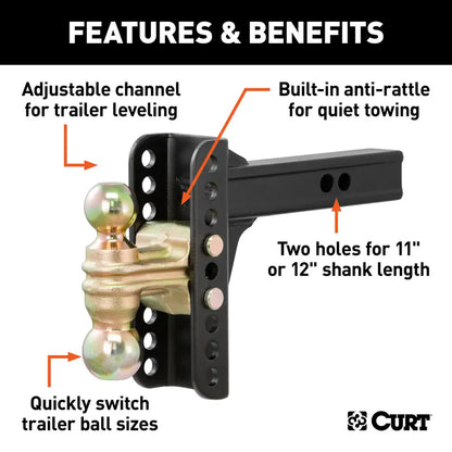 ADJUSTABLE CHANNEL MOUNT WITH DUAL BALL (2" SHANK, 14,000 LBS., 6" DROP)