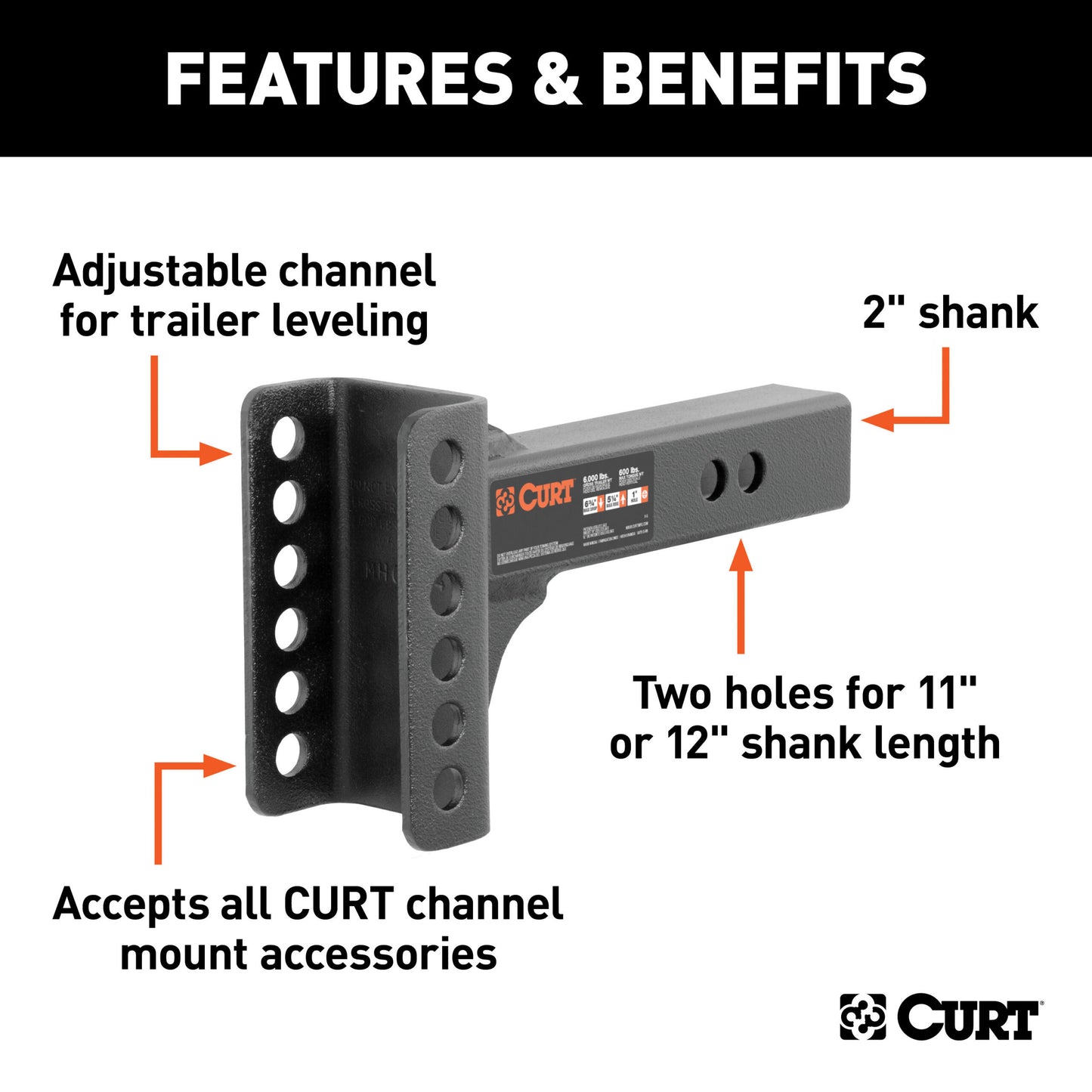 CURT Replacement 2" Adjustable Channel Mount Shank (Fits #45901, 6,000 lbs.) - 45911