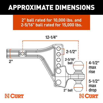 ADJUSTABLE TRAILER HITCH BALL MOUNT WITH DUAL BALL, 2" SHANK, 15K