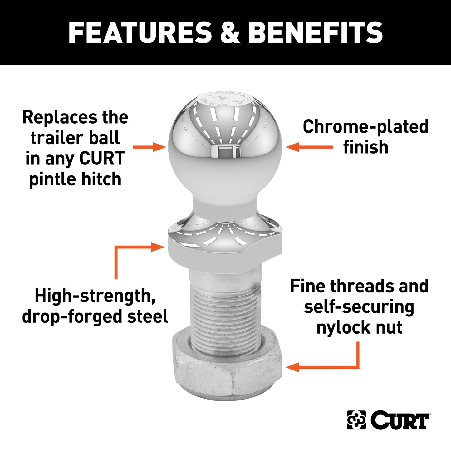 CURT Replacement 1-7/8" Pintle Ball (6,000 lbs., 1-1/4" Shank) - 48810
