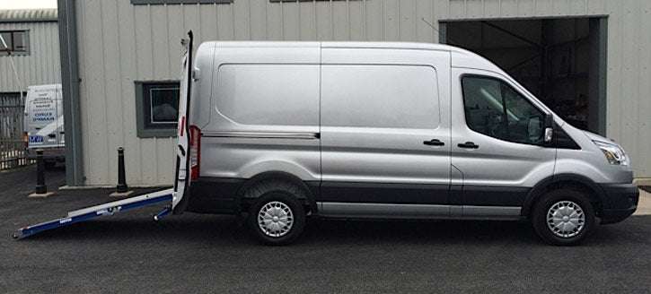 Aluminum Loading Ramp for Ford Transit Cargo Vans - Ramp Width: 37-in | Ramp Length: 108-in | Ramp Swivel: Left-hand | Ramp Platform: Solid - 2 Section | Wheelbase: 130-in/148-in | Capacity: 1,500 lbs.