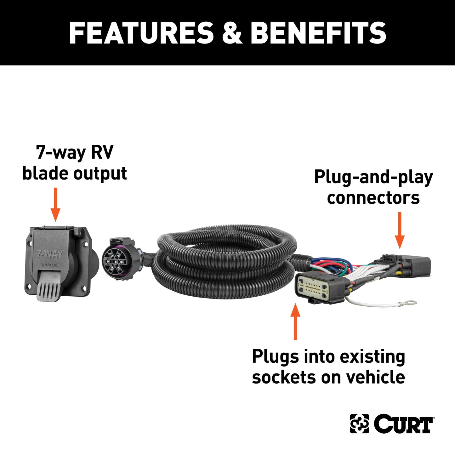 CURT Custom Wiring Harness, 7-Way RV Blade Output, Select Ford Ranger - 56431