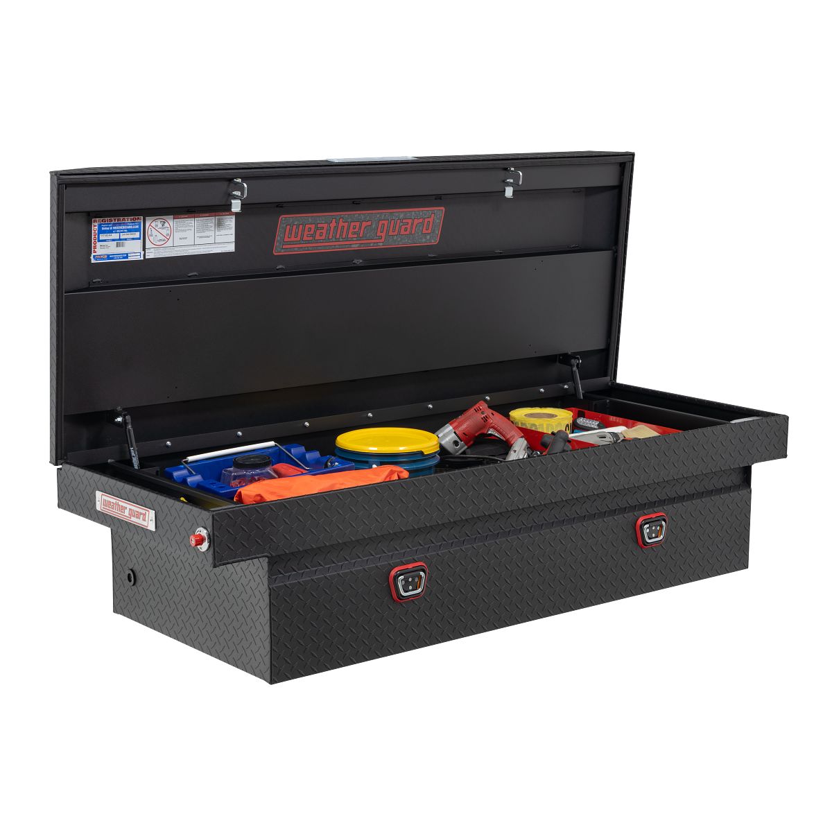 Weather Guard 617 accessory tray staged in truck tool box