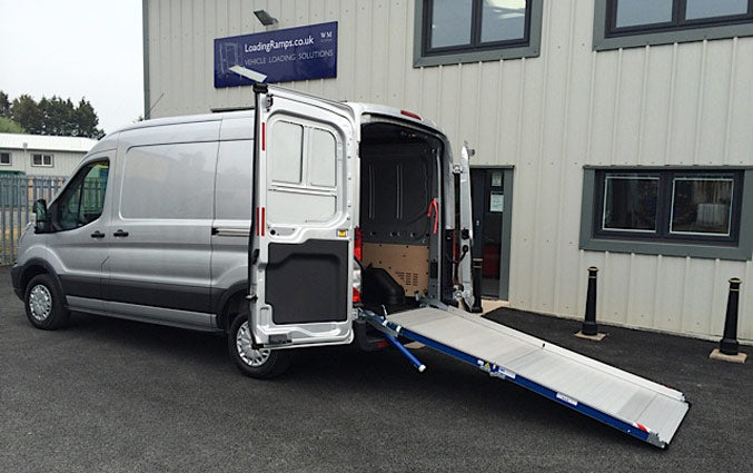 Aluminum Loading Ramp for Ford Transit Cargo Vans - Ramp Width: 37-in | Ramp Length: 108-in | Ramp Swivel: Left-hand | Ramp Platform: Perforated - 2 Section | Wheelbase: 148-in Extended | Capacity: 1,500 lbs.