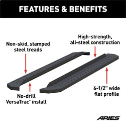 ARIES RidgeStep 6-1/2-in x 85-in Black Steel Running Boards (No Brackets) for Chevrolet/GMC/Dodge/RAM/Ford/Nissan/Toyota (2005-2026) - C2885