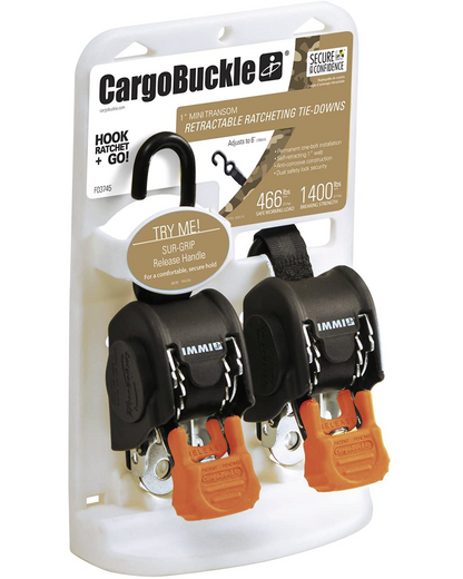 1″ CargoBuckle [Mini G3] Retractable Ratchet Tie-Downs (2 Pack)