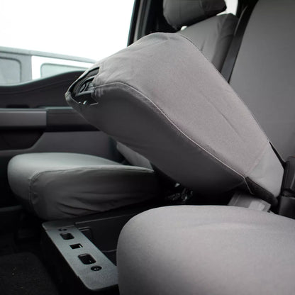 Front Bench Seat Covers for Ford F-150 (2021-2024) - Body Type: SuperCrew/SuperCab | Center Console: Has Work Surface | Color: Gray