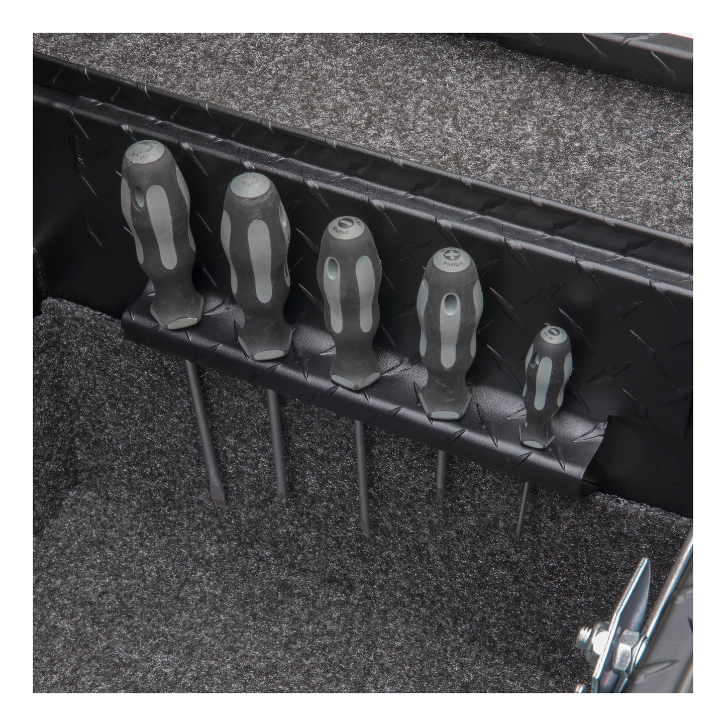 UWS Crossover Tool Box - 69-in - Low Profile - Single Lid - With Rail - Deep Angled Tub - Secure Lock Handles - Matte Black - SL-69-LP-MB-R