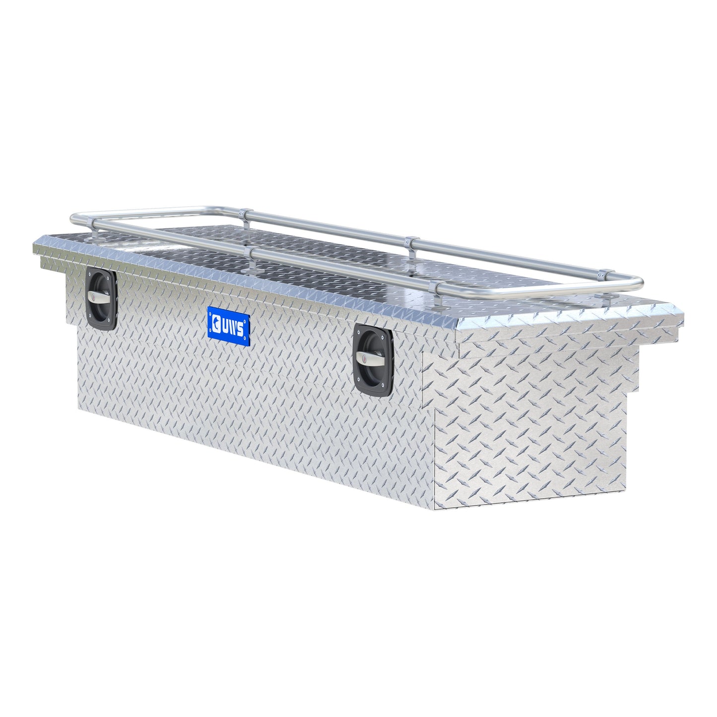UWS Crossover Tool Box - 69-in - Low Profile - Single Lid - With Rail - Standard Tub - Secure Lock Handles - Bright Aluminum - SL-69-LP-R