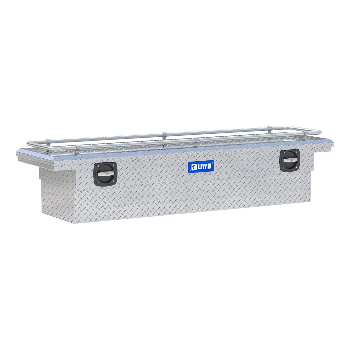 UWS Crossover Tool Box - 72-in - Low Profile - Single Lid - With Rail - Standard Tub - Secure Lock Handles - Bright Aluminum - SL-72-LP-R