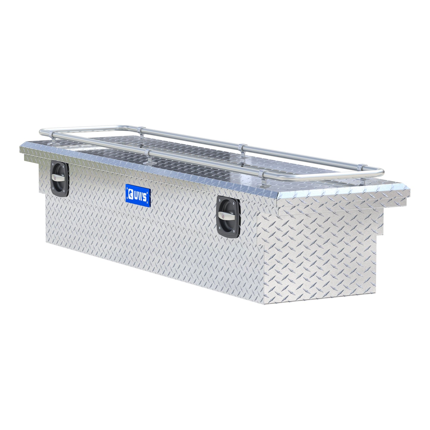 UWS Crossover Tool Box - 72-in - Low Profile - Single Lid - With Rail - Standard Tub - Secure Lock Handles - Bright Aluminum - SL-72-LP-R