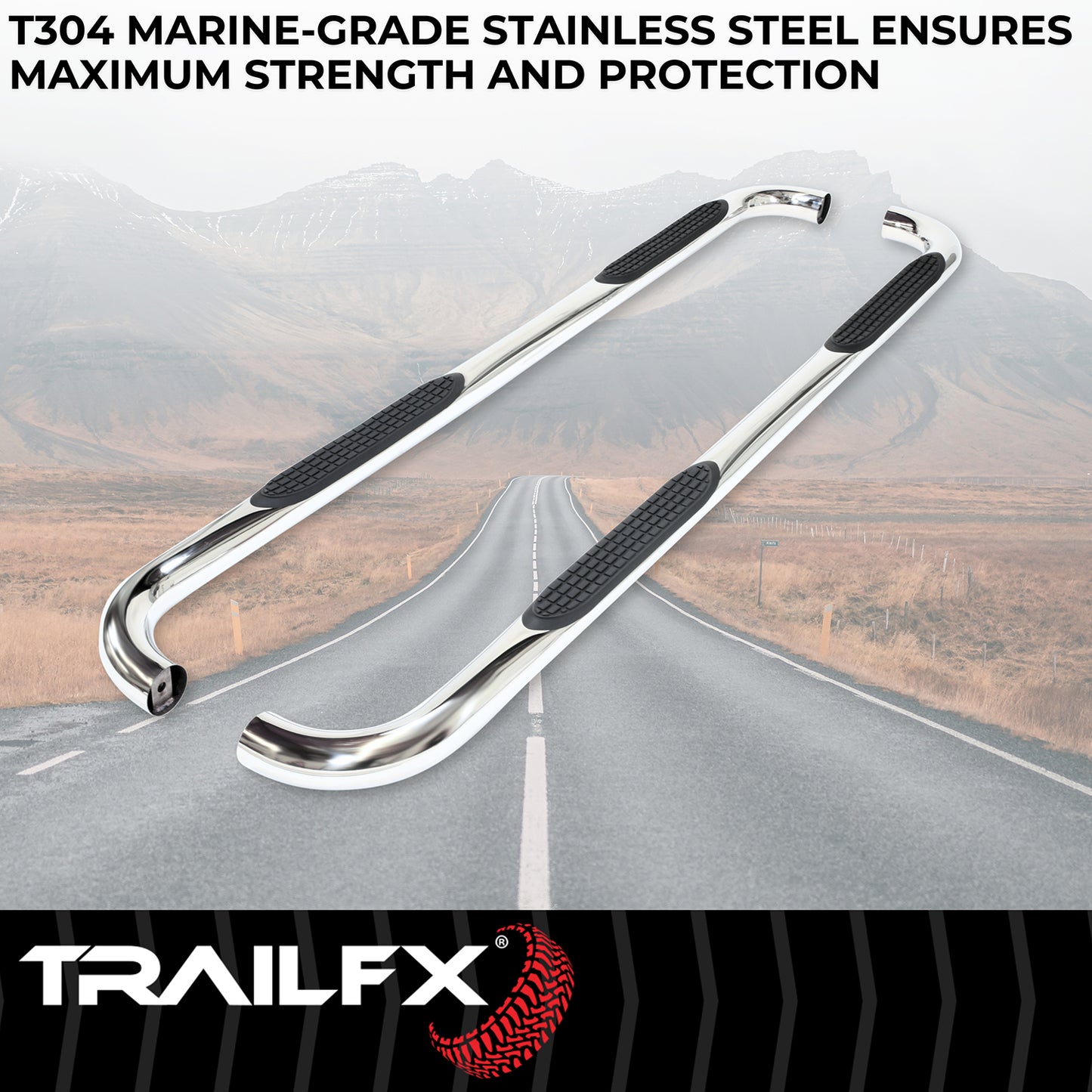 TrailFX 3" Round Bent Step Nerf Bars W/ Step Pads Polished Stainless Steel For Ram 1500/1500 Classic - A0048S