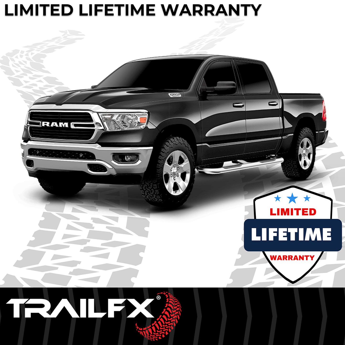 TrailFX 3" Round Bent Step Nerf Bars W/ Step Pads Polished Stainless Steel For Ram 1500/1500 Classic - A0048S