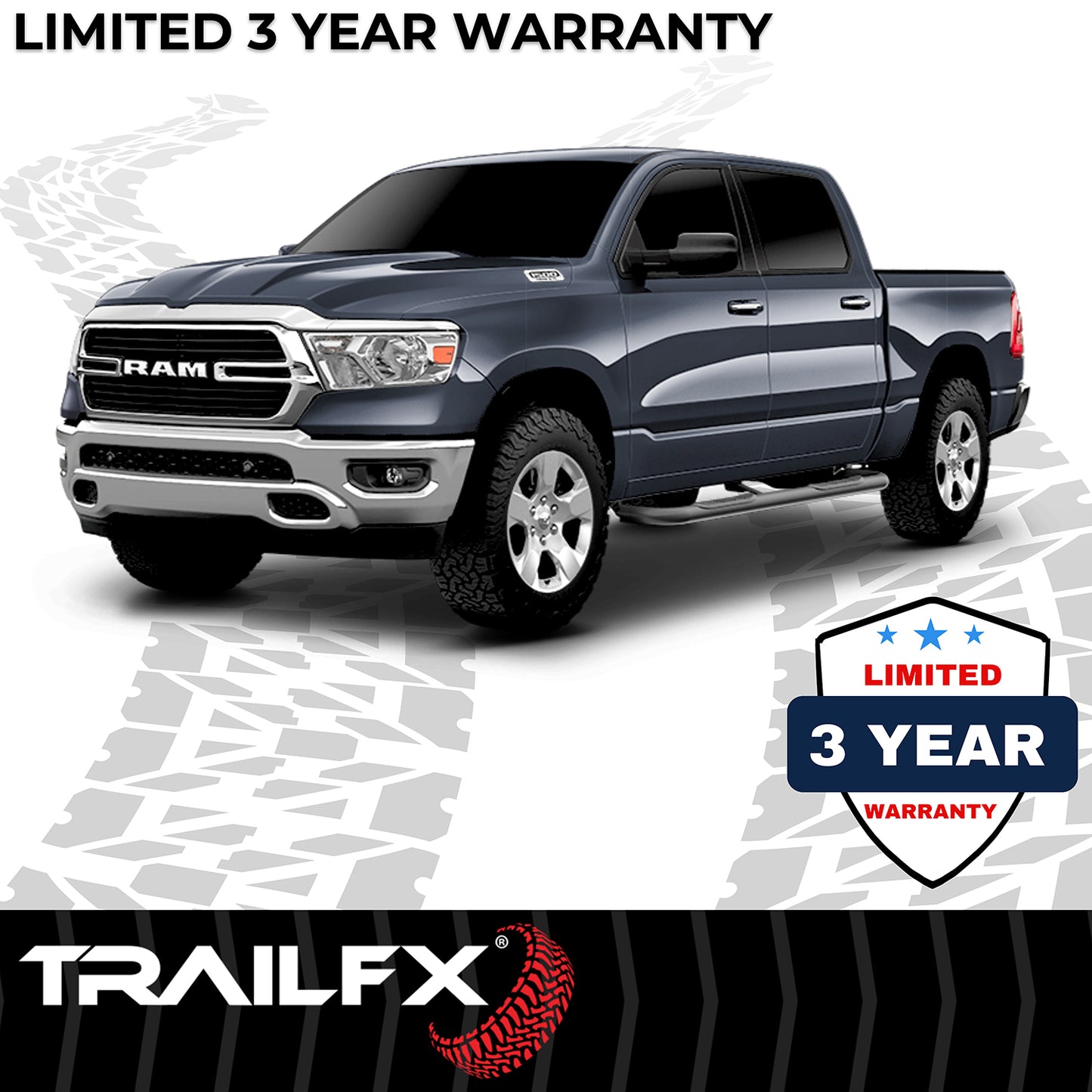 TrailFX 3" Round Bent Step Nerf Bars W/ Step Pads Black For Ram 1500 - A0053B
