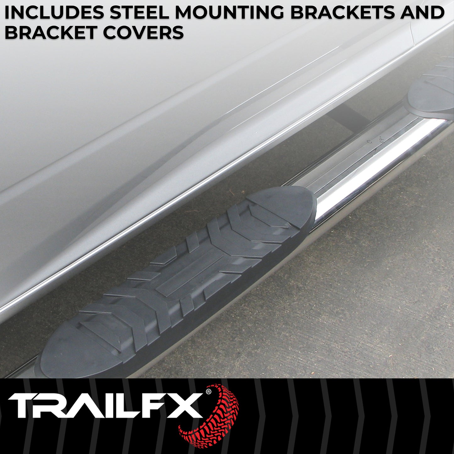 TrailFX 4" Oval Bent Step Nerf Bars W/ Step Pads Polished Stainless Steel For Ford F-150/F-250 Super Duty/F-350 Super Duty - A1004S