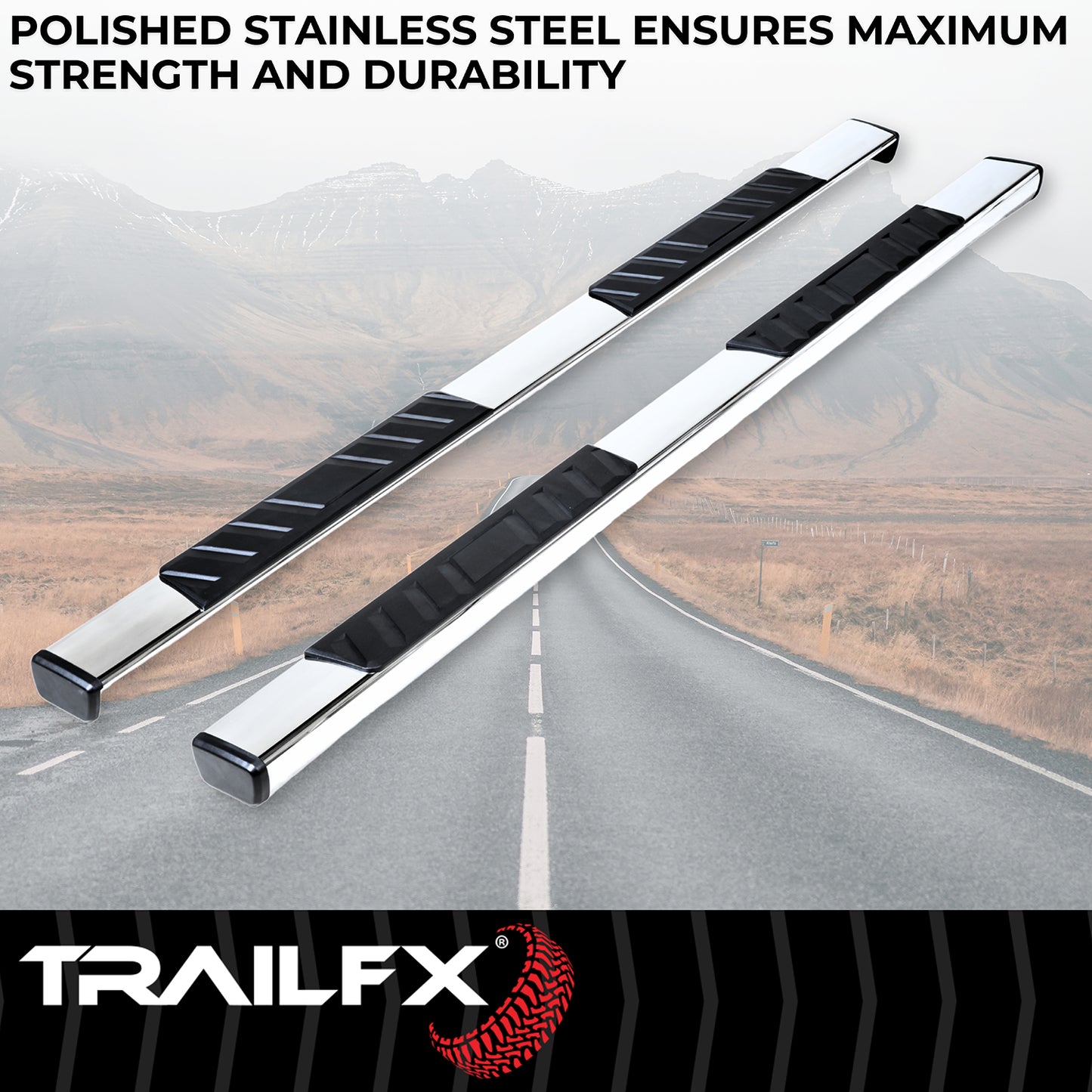 TrailFX 4" Trapezoidal Straight Step Nerf Bars W/ Step Pads Polished Stainless Steel For Chevrolet/GMC - A4001S