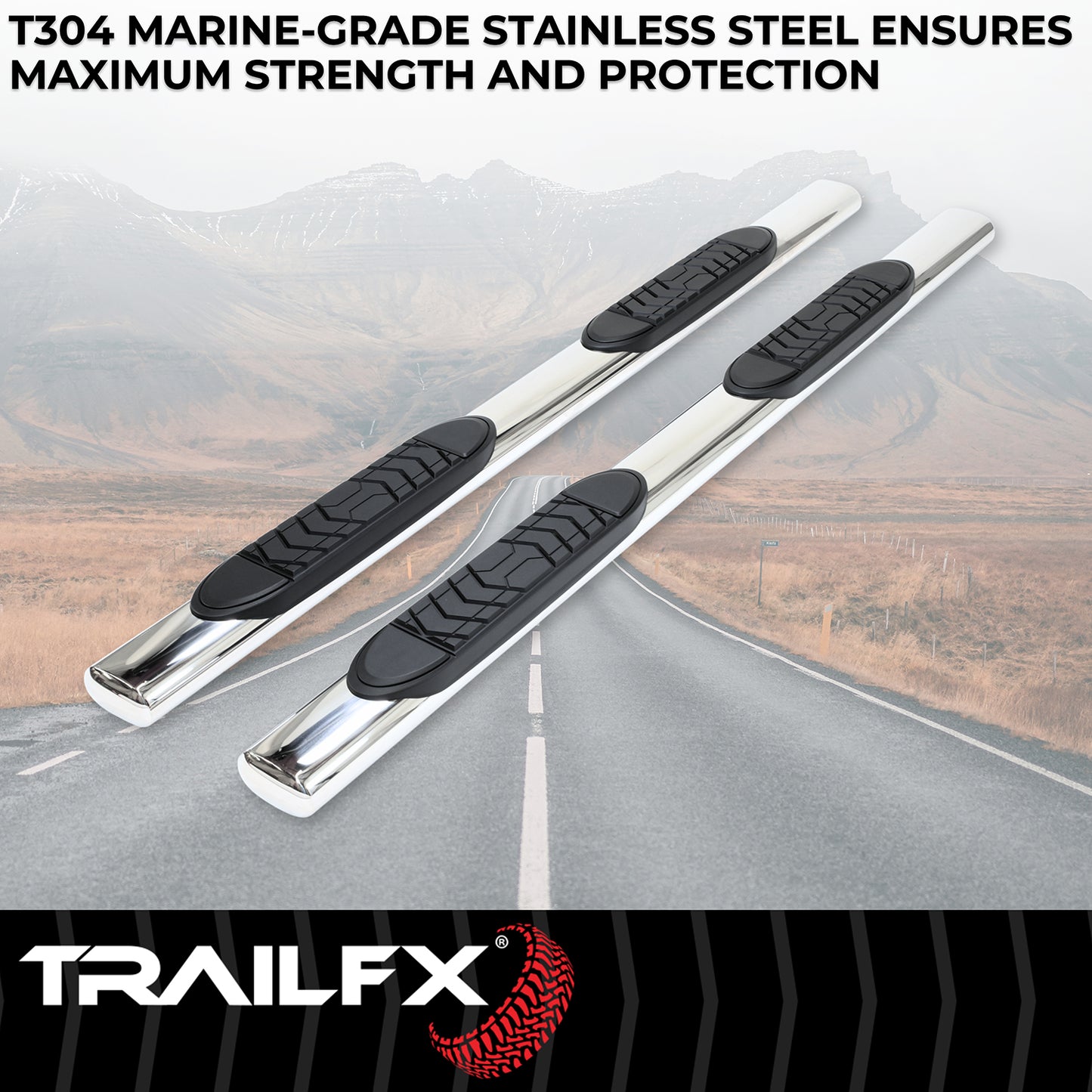 TrailFX 5" Oval Straight Step Nerf Bars W/ Step Pads Polished Stainless Steel For Ram 1500/1500 Classic - A7055S