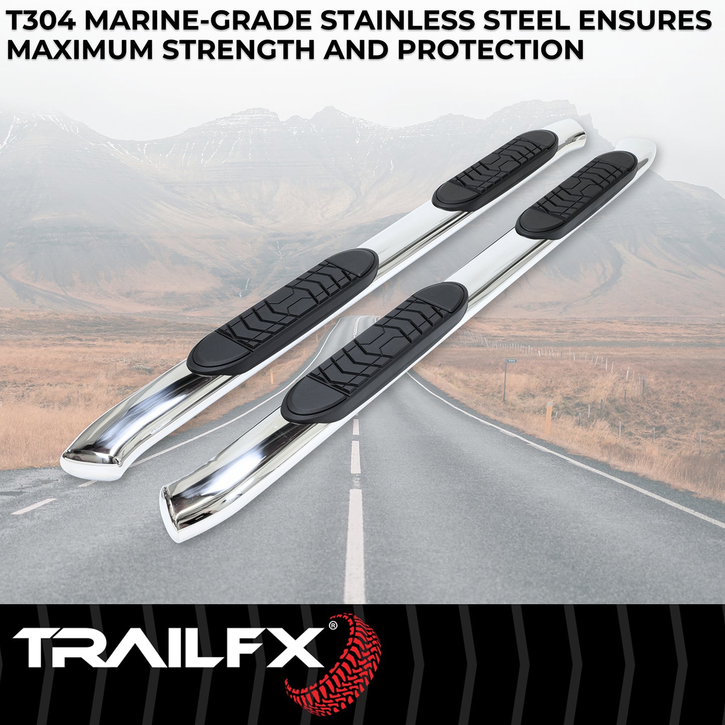 TrailFX 5" Oval Bent Step Nerf Bars W/ Step Pads Polished Stainless Steel For Chevrolet/GMC - A7066S