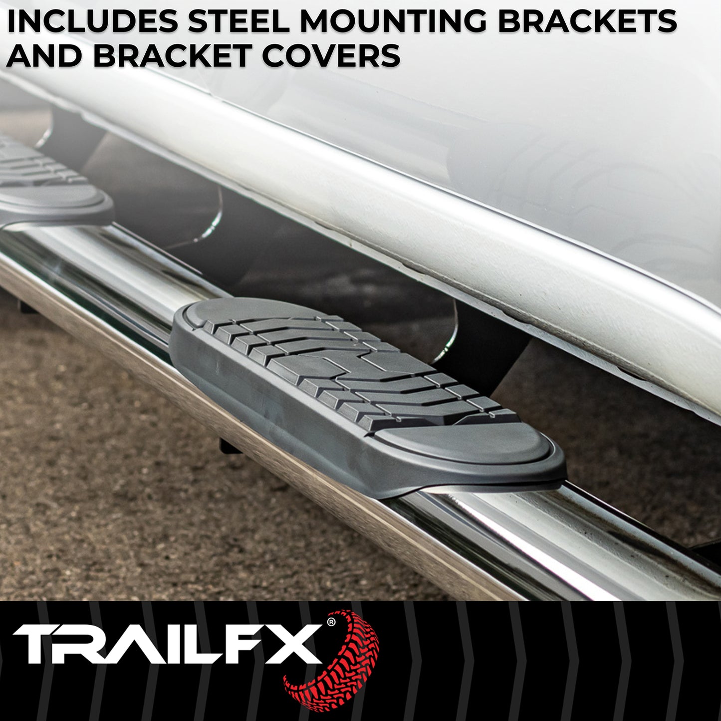 TrailFX 5" Oval Bent Step Nerf Bars W/ Step Pads Polished Stainless Steel For Ford Super Duty - A7080S