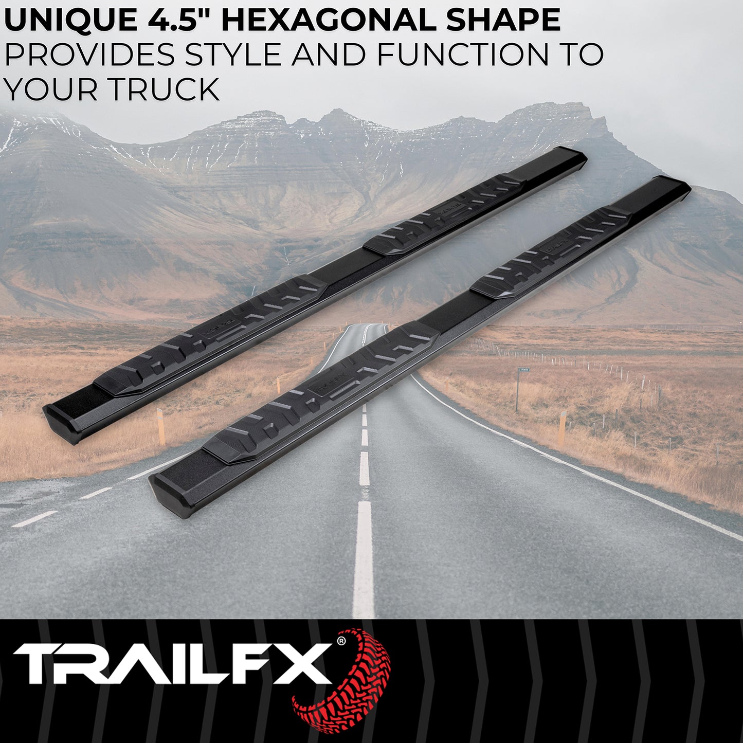 TrailFX 4-1/2" Hexagonal Step Nerf Bars W/ Step Pads Black For GM Colorado/Canyon - AL4001B