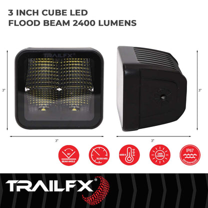 TrailFX 3X3 Black Square Pod 4X5W LED Cube Light Flood Pair - 2X2CFBKPR