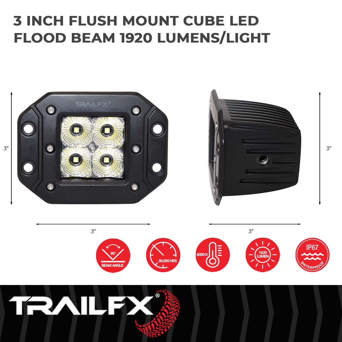 TrailFX 3X3 Square 4X5W LED Cube Light Flush Mount Flood Pair - 2X2CFFMPR