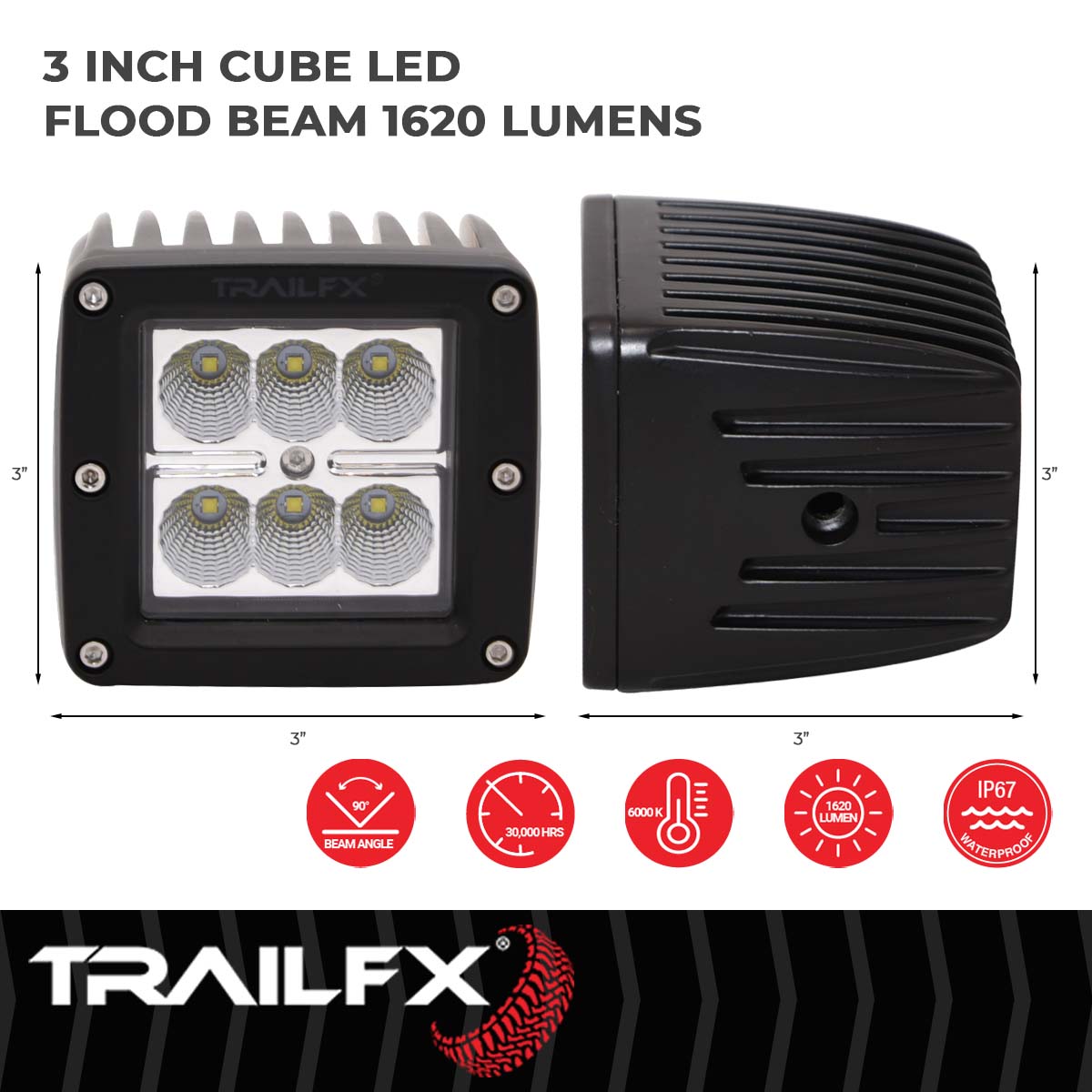 TrailFX 3X2 Square 6X3W LED Cube Light Flood Single - 3X2CF
